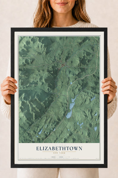 Elizabethtown, New York map print, 18" x 24" W/ Black Ayous Wood Frame mockup