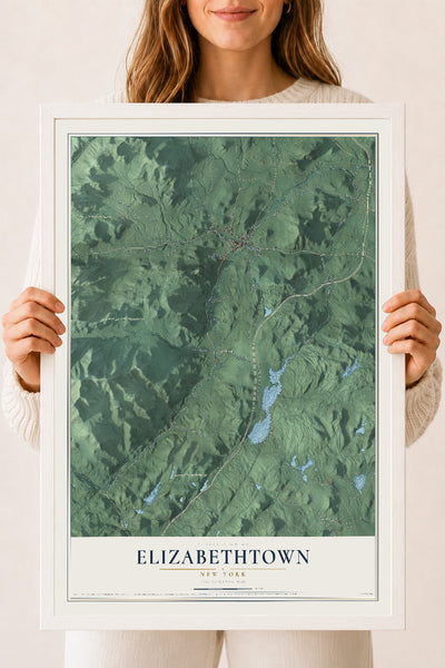 Elizabethtown, New York map print, 18" x 24" W/ White Ayous Wood Frame mockup