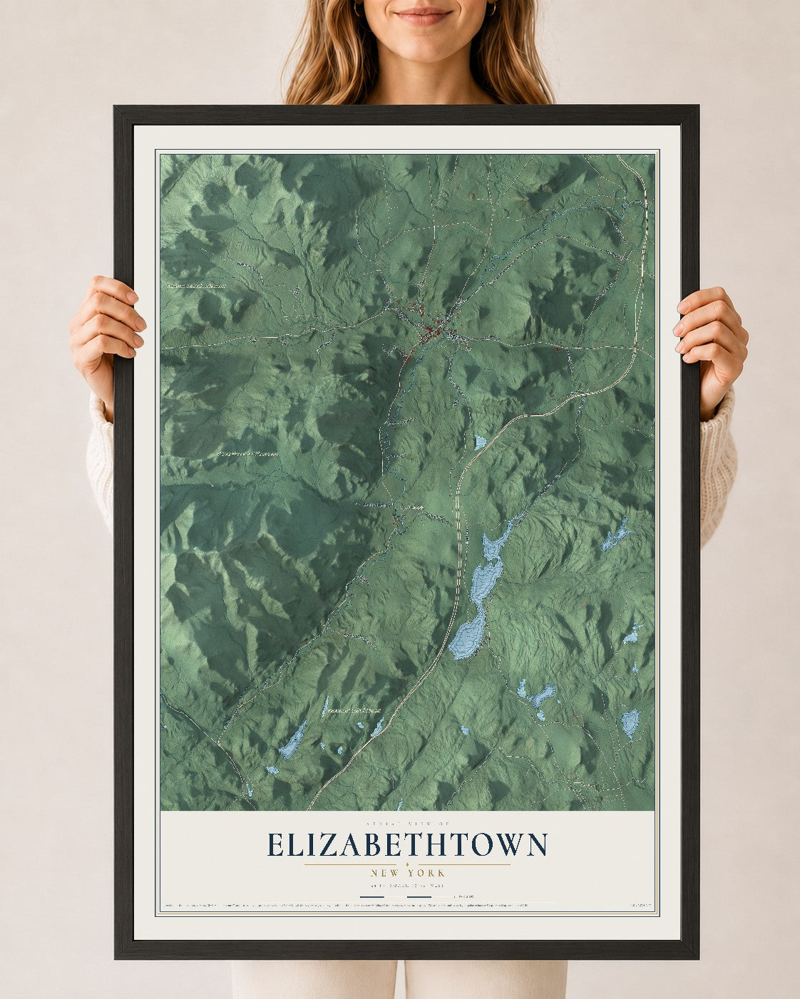 Elizabethtown, New York map print, 24" x 36" W/ Black Ayous Wood Frame mockup