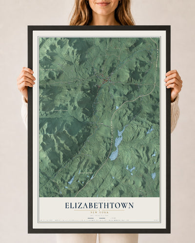 Elizabethtown, New York map print, 24" x 36" W/ Black Ayous Wood Frame mockup