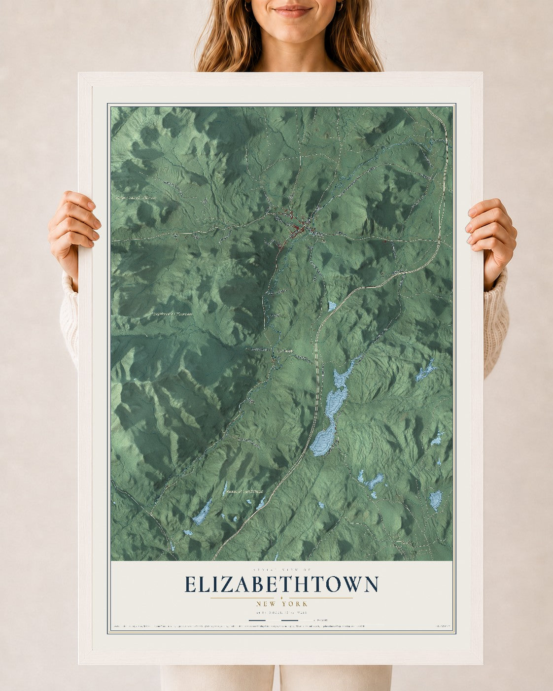 Elizabethtown, New York map print, 24" x 36" W/ White Ayous Wood Frame mockup