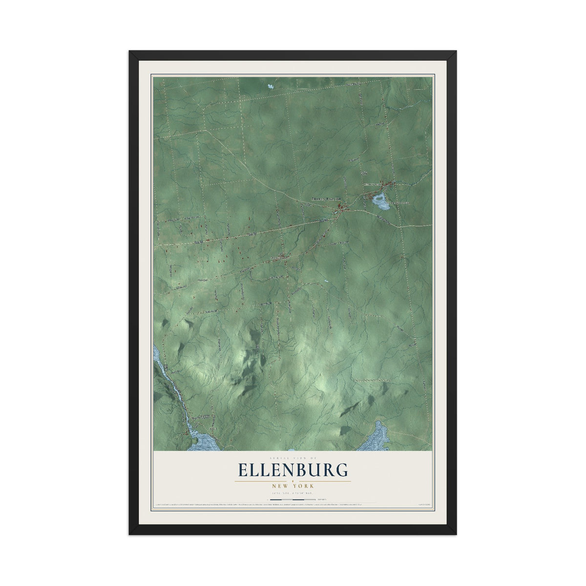 Ellenburg, New York map print, 12" x 18" W/ Black Ayous Wood Frame mockup