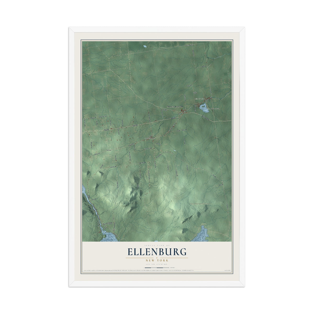 Ellenburg, New York map print, 12" x 18" W/ White Ayous Wood Frame mockup