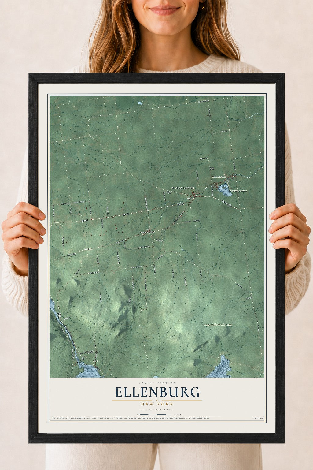 Ellenburg, New York map print, 18" x 24" W/ Black Ayous Wood Frame mockup