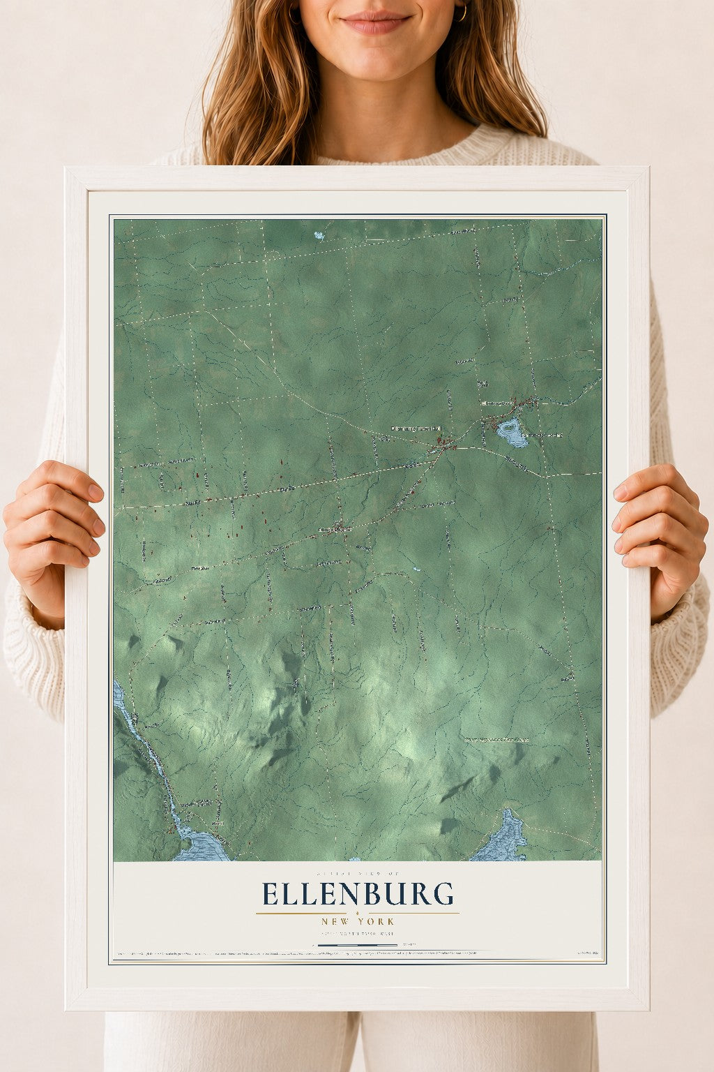 Ellenburg, New York map print, 18" x 24" W/ White Ayous Wood Frame mockup
