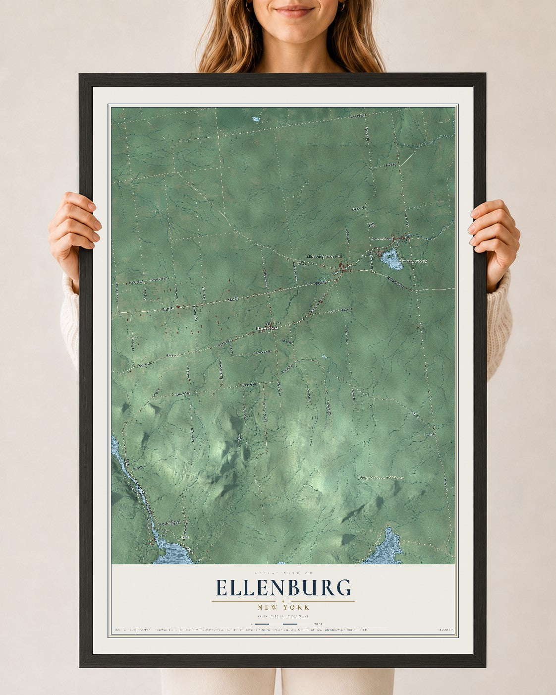 Ellenburg, New York map print, 24" x 36" W/ Black Ayous Wood Frame mockup