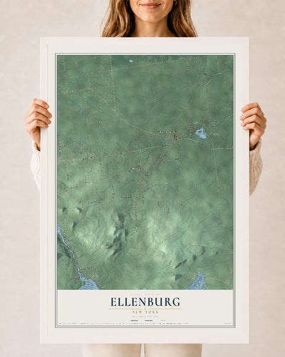Ellenburg, New York map print, 24" x 36" W/ White Ayous Wood Frame mockup