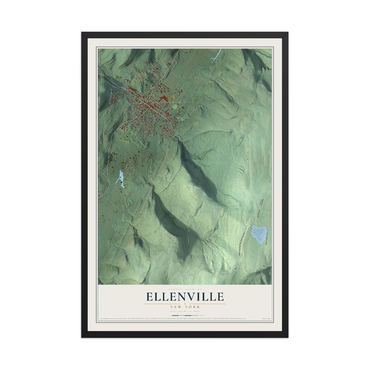 Ellenville, New York map print, 12" x 18" W/ Black Ayous Wood Frame mockup