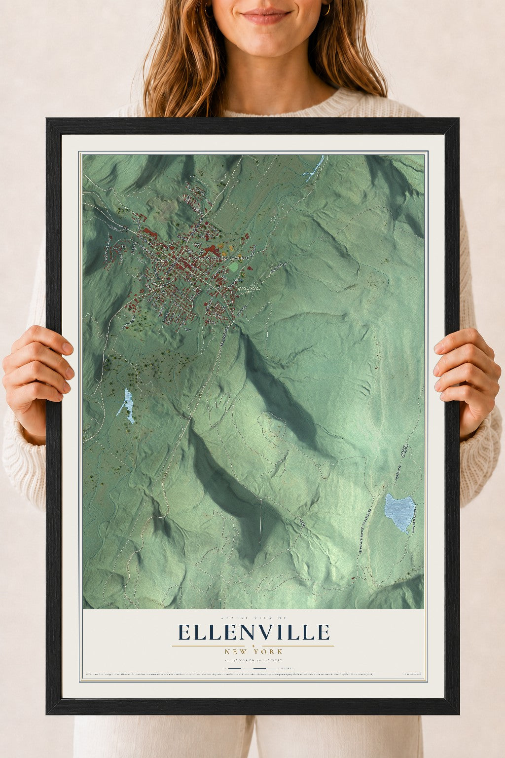 Ellenville, New York map print, 18" x 24" W/ Black Ayous Wood Frame mockup