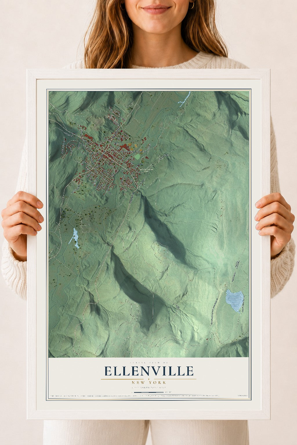 Ellenville, New York map print, 18" x 24" W/ White Ayous Wood Frame mockup