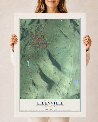 Ellenville, New York map print, 24" x 36" W/ White Ayous Wood Frame mockup