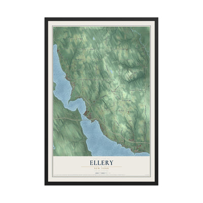 Ellery, New York map print, 12" x 18" W/ Black Ayous Wood Frame mockup