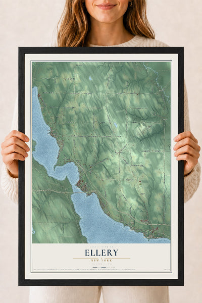 Ellery, New York map print, 18" x 24" W/ Black Ayous Wood Frame mockup