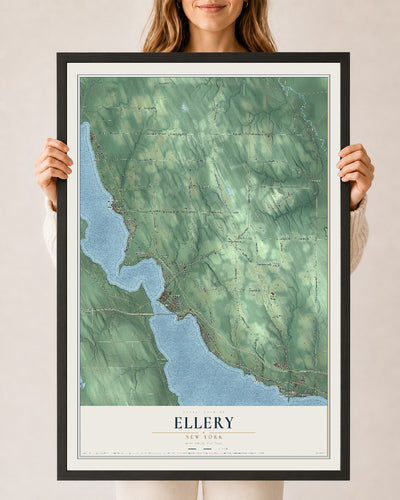 Ellery, New York map print, 24" x 36" W/ Black Ayous Wood Frame mockup