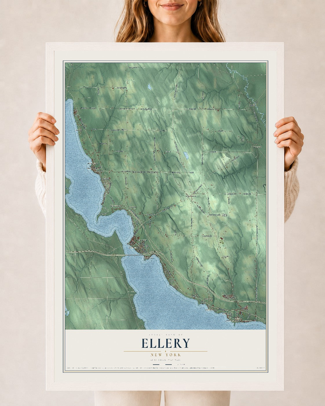 Ellery, New York map print, 24" x 36" W/ White Ayous Wood Frame mockup