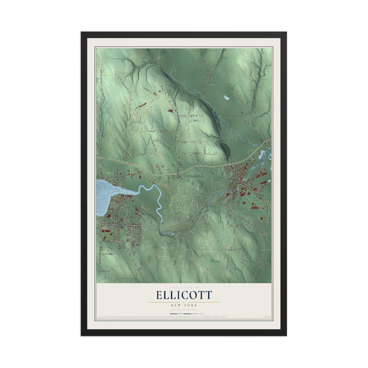 Ellicott, New York map print, 12" x 18" W/ Black Ayous Wood Frame mockup