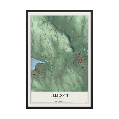 Ellicott, New York map print, 12" x 18" W/ Black Ayous Wood Frame mockup