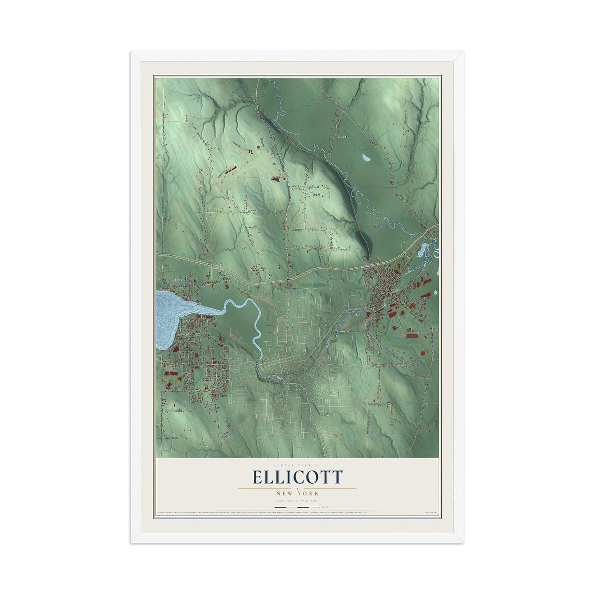 Ellicott, New York map print, 12" x 18" W/ White Ayous Wood Frame mockup