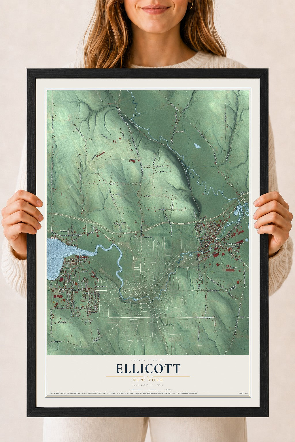 Ellicott, New York map print, 18" x 24" W/ Black Ayous Wood Frame mockup