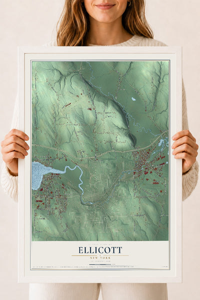Ellicott, New York map print, 18" x 24" W/ White Ayous Wood Frame mockup