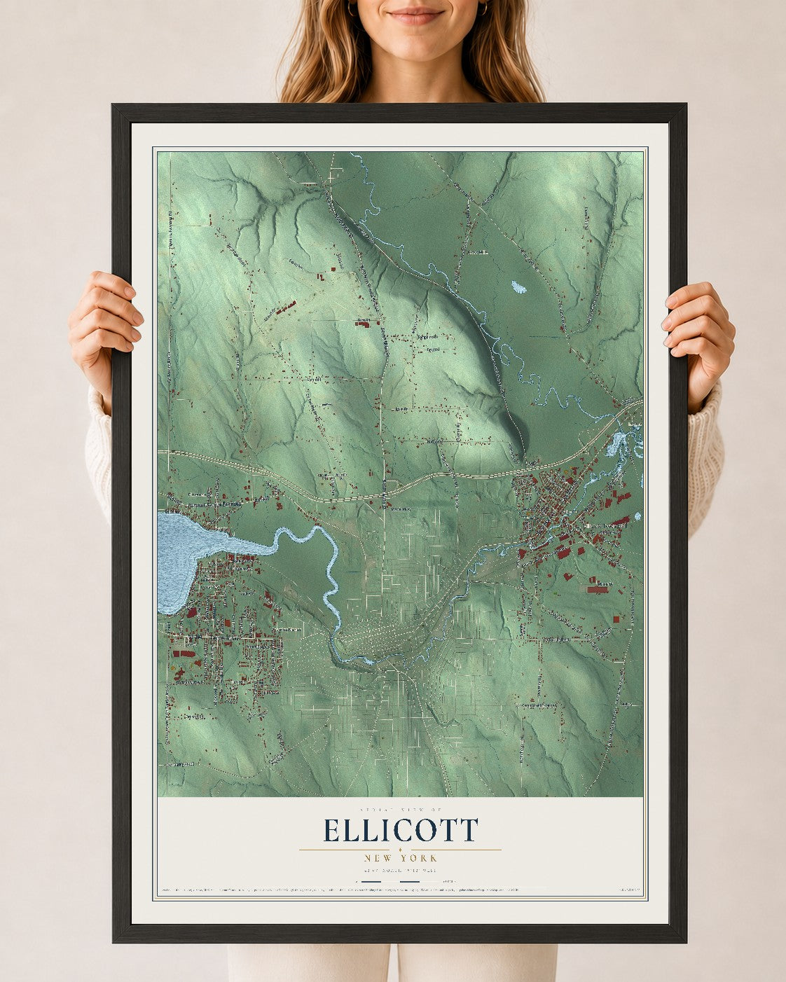 Ellicott, New York map print, 24" x 36" W/ Black Ayous Wood Frame mockup