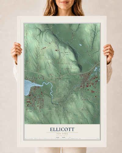Ellicott, New York map print, 24" x 36" W/ White Ayous Wood Frame mockup
