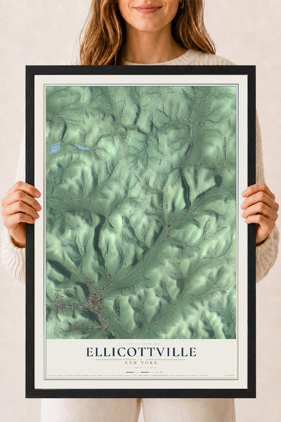 Ellicottville, New York map print, 18" x 24" W/ Black Ayous Wood Frame mockup