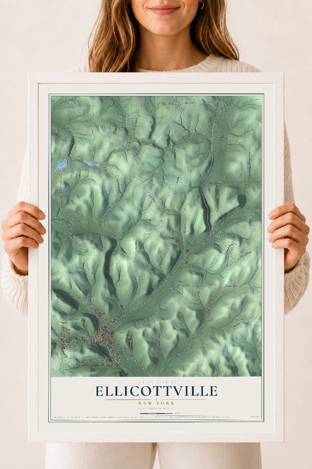 Ellicottville, New York map print, 18" x 24" W/ White Ayous Wood Frame mockup