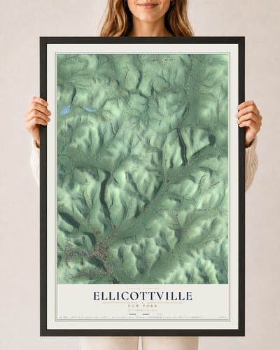 Ellicottville, New York map print, 24" x 36" W/ Black Ayous Wood Frame mockup