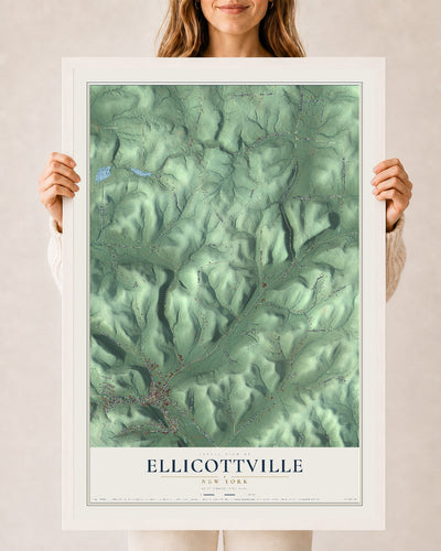 Ellicottville, New York map print, 24" x 36" W/ White Ayous Wood Frame mockup