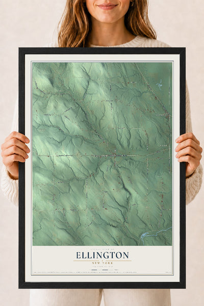 Ellington, New York map print, 18" x 24" W/ Black Ayous Wood Frame mockup
