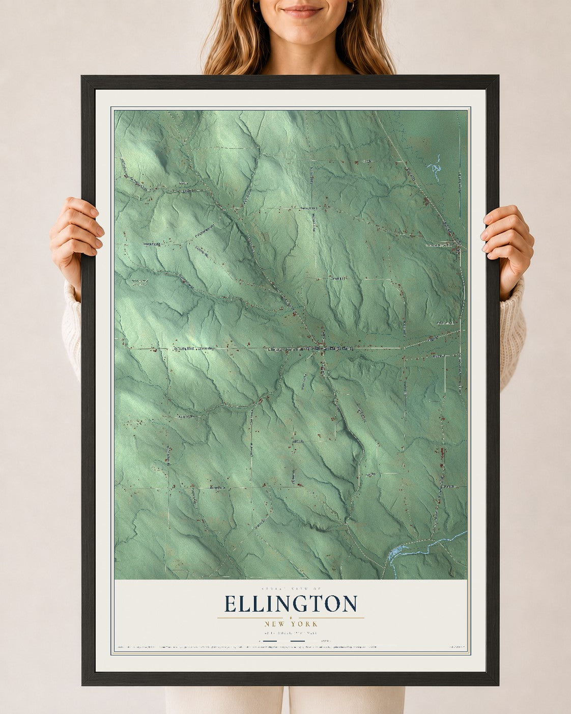 Ellington, New York map print, 24" x 36" W/ Black Ayous Wood Frame mockup