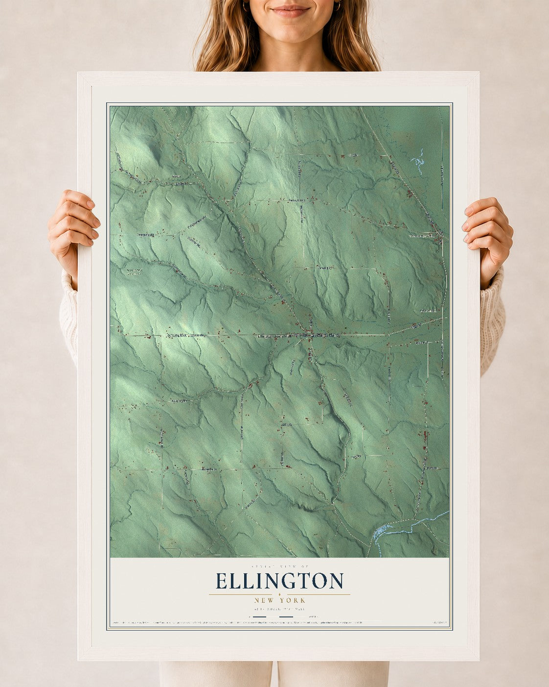 Ellington, New York map print, 24" x 36" W/ White Ayous Wood Frame mockup