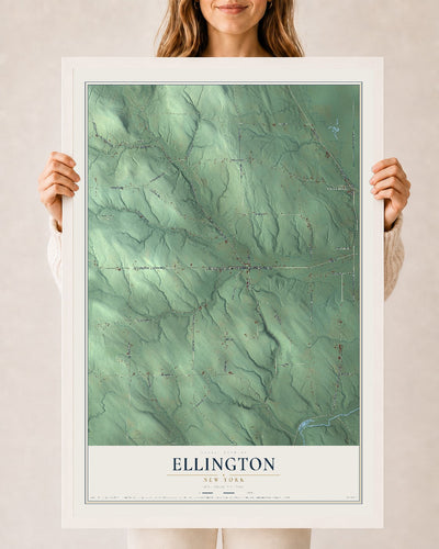 Ellington, New York map print, 24" x 36" W/ White Ayous Wood Frame mockup