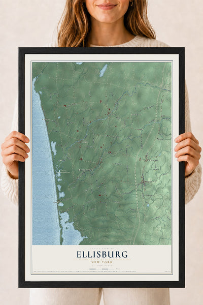 Ellisburg, New York map print, 18" x 24" W/ Black Ayous Wood Frame mockup
