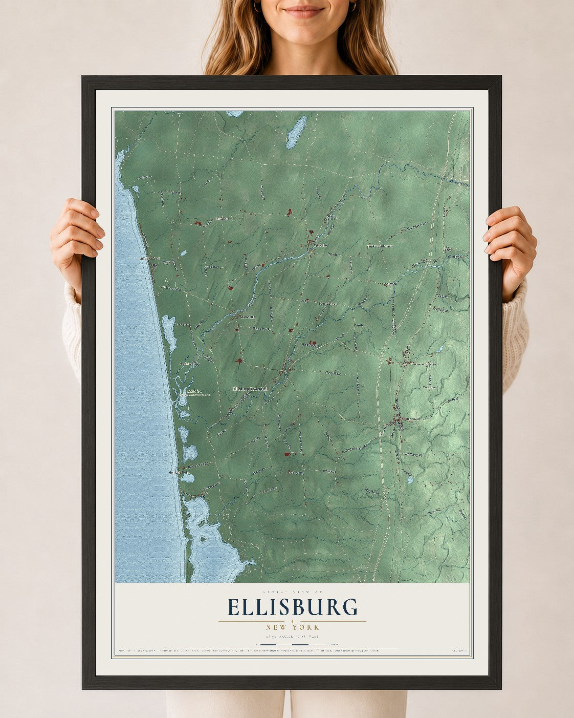 Ellisburg, New York map print, 24" x 36" W/ Black Ayous Wood Frame mockup