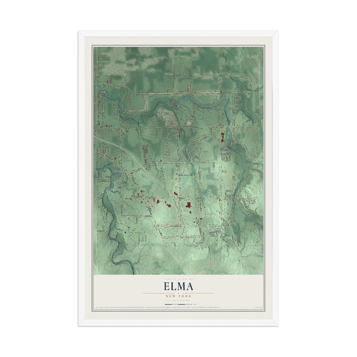 Elma, New York map print, 12" x 18" W/ White Ayous Wood Frame mockup