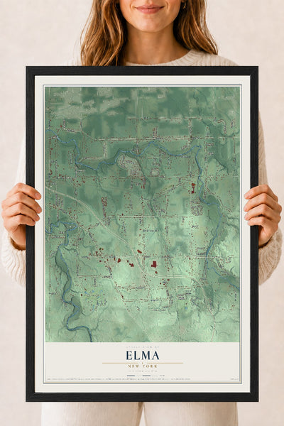 Elma, New York map print, 18" x 24" W/ Black Ayous Wood Frame mockup