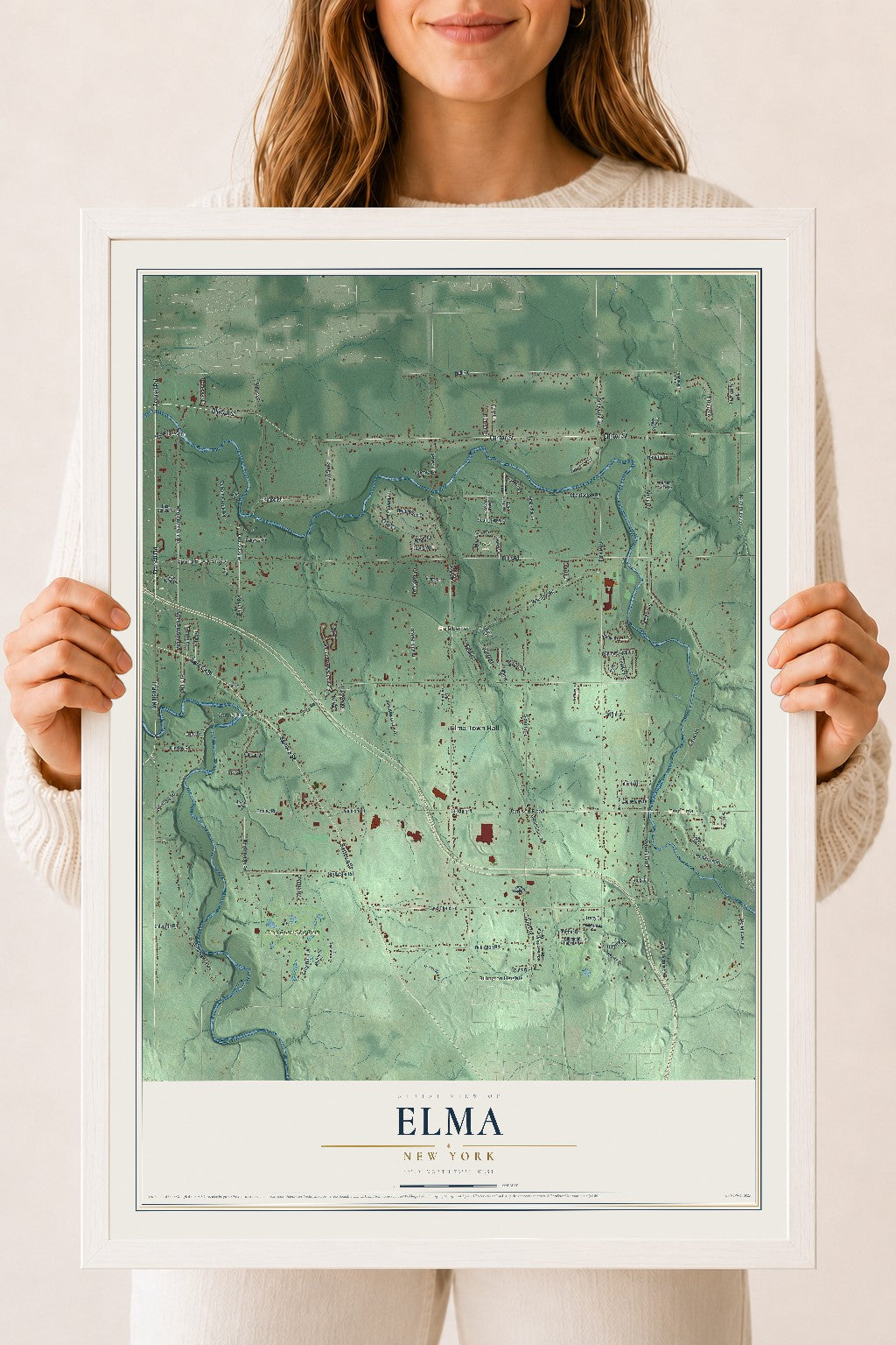 Elma, New York map print, 18" x 24" W/ White Ayous Wood Frame mockup
