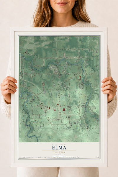 Elma, New York map print, 18" x 24" W/ White Ayous Wood Frame mockup