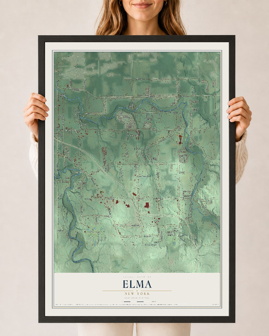 Elma, New York map print, 24" x 36" W/ Black Ayous Wood Frame mockup