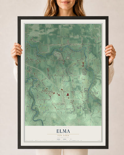 Elma, New York map print, 24" x 36" W/ Black Ayous Wood Frame mockup