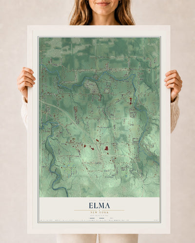 Elma, New York map print, 24" x 36" W/ White Ayous Wood Frame mockup