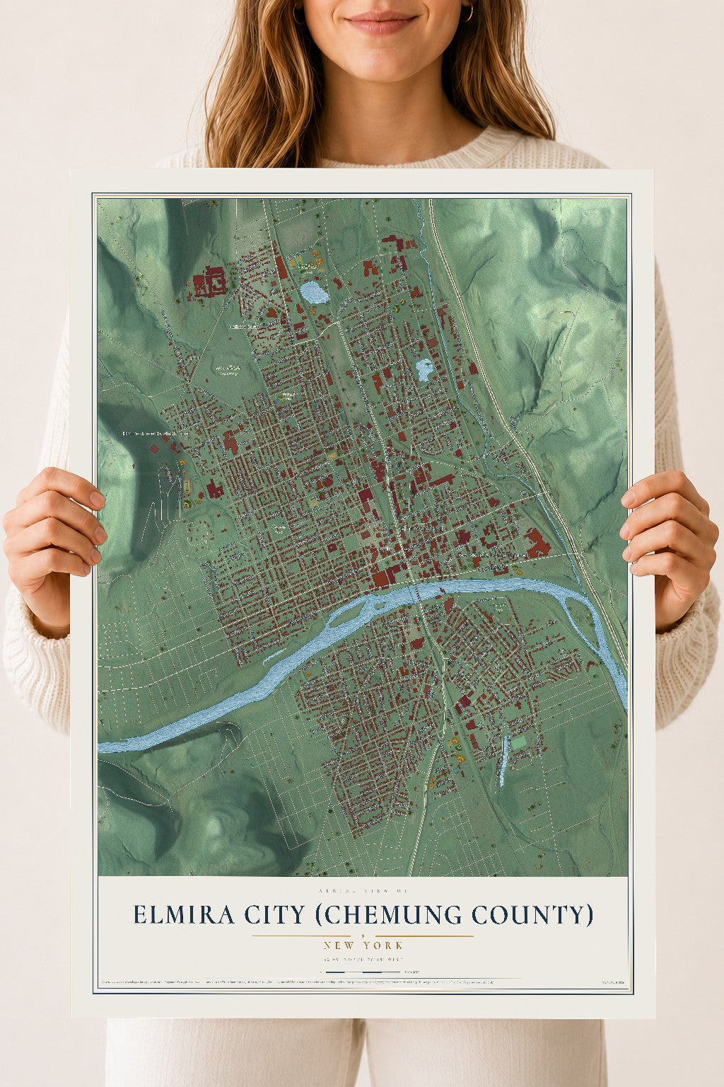 Elmira City (Chemung County), New York map print, 18" x 24" Archival Matte Print mockup