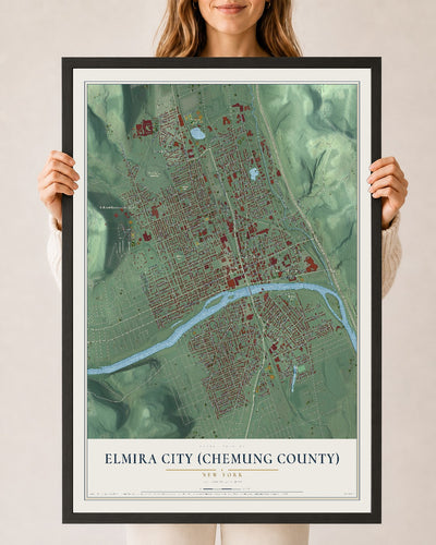 Elmira City (Chemung County), New York map print, 24" x 36" W/ Black Ayous Wood Frame mockup