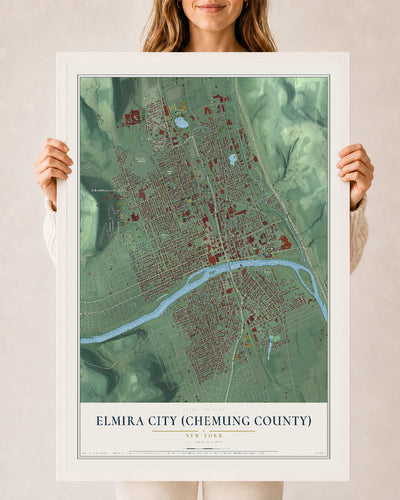 Elmira City (Chemung County), New York map print, 24" x 36" W/ White Ayous Wood Frame mockup