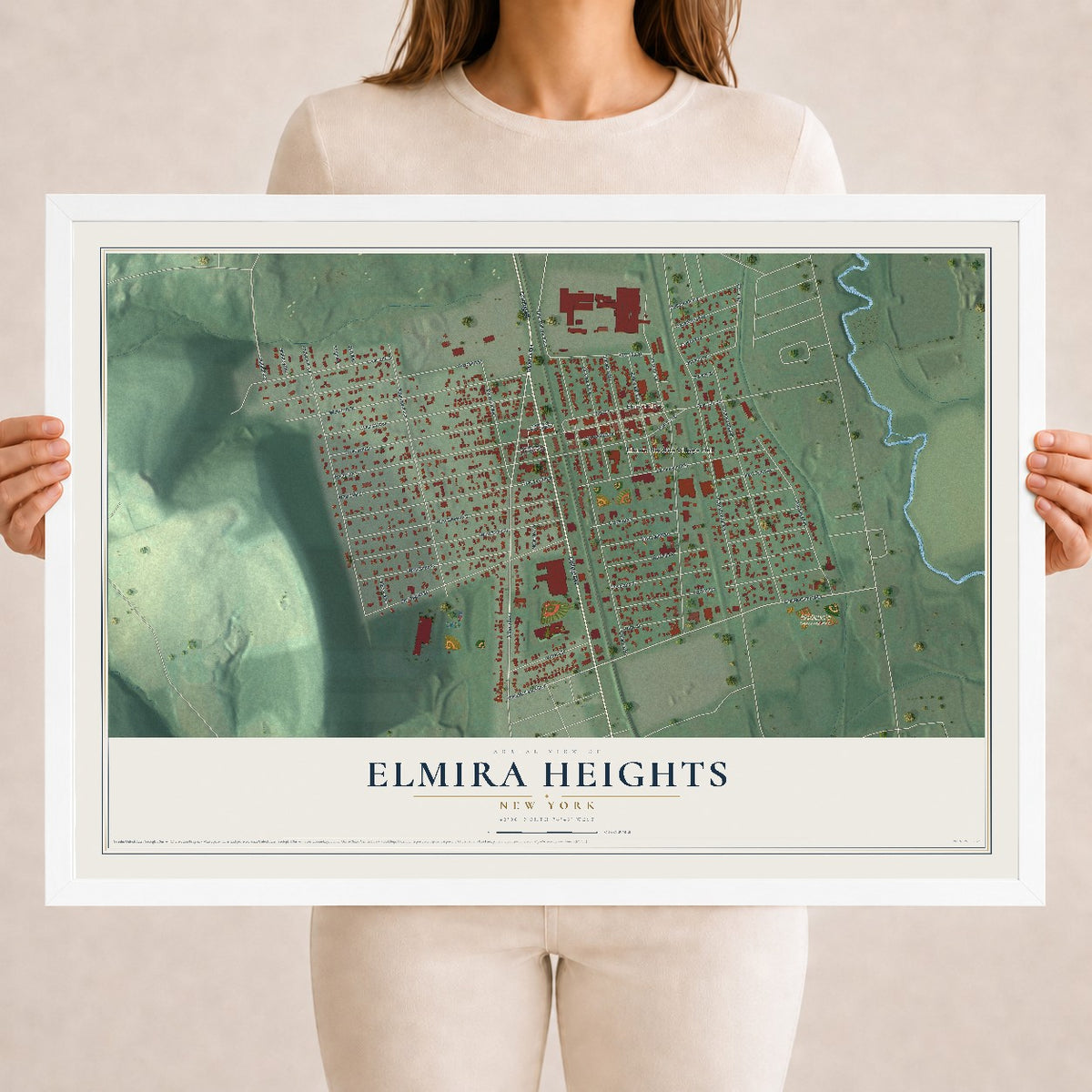 Elmira Heights, New York map print, 18" x 24" W/ White Ayous Wood Frame mockup