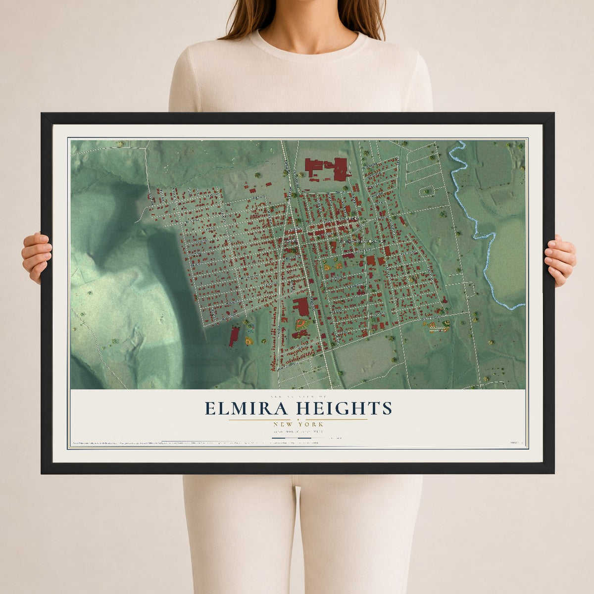Elmira Heights, New York map print, 24" x 36" W/ Black Ayous Wood Frame mockup