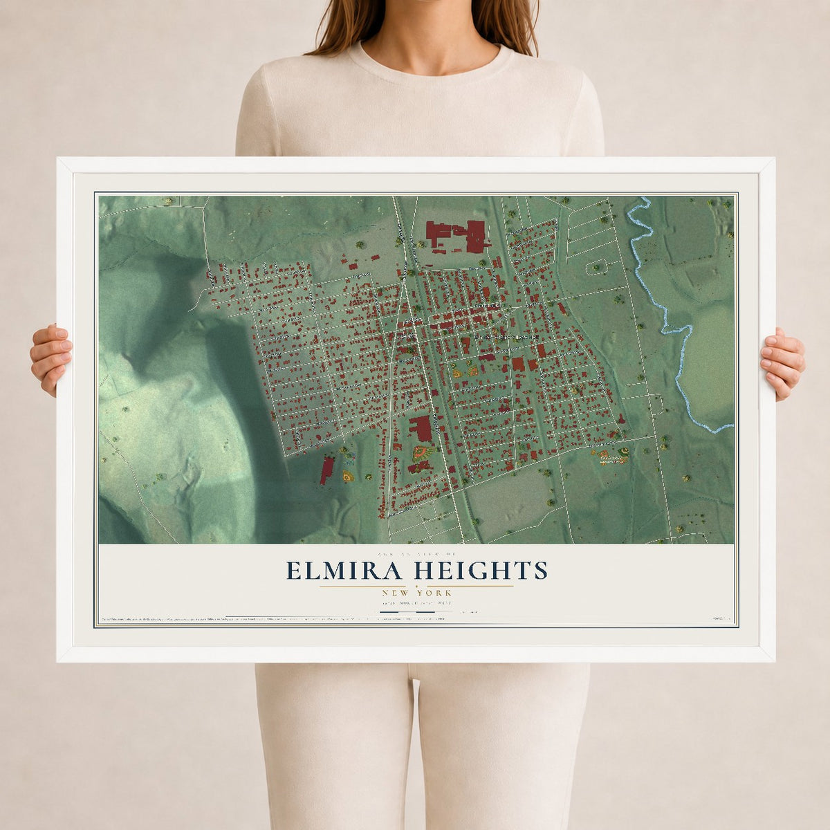 Elmira Heights, New York map print, 24" x 36" W/ White Ayous Wood Frame mockup