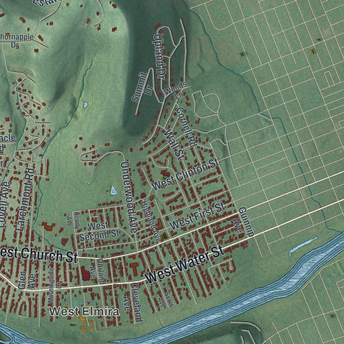 Close-up 1 of the Elmira Town (Chemung County), New York map artwork